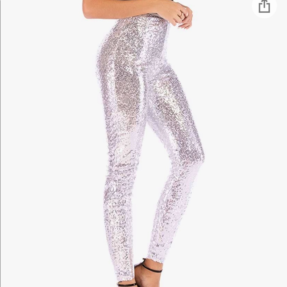 Silver Sequined Leggings High Waisted Pants